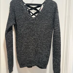 SO Women's Charcoal V-Neck Sweater with Crisscross Back